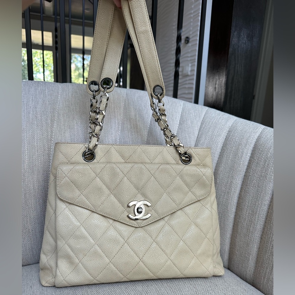 💯 CHANEL CC Timeless Beige Caviar Leather Shoulder Tote Bag w/ auth cert